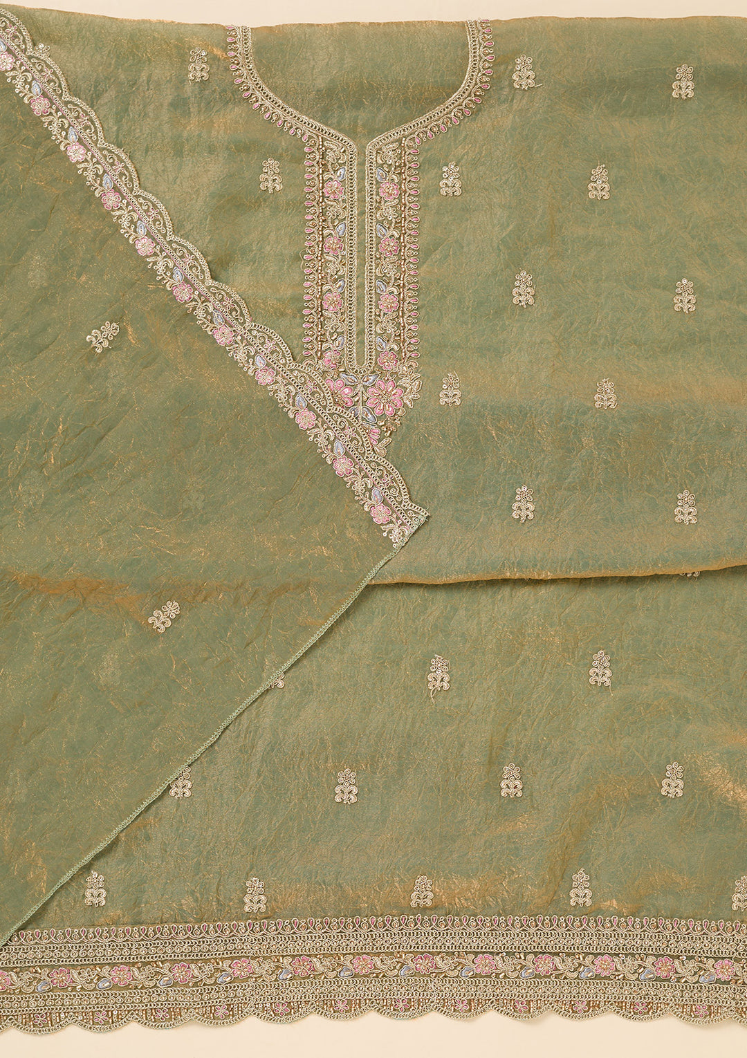 Pista Green Tissue Aariwork Unstitched Dress Material With Matching Bottom And Dupatta