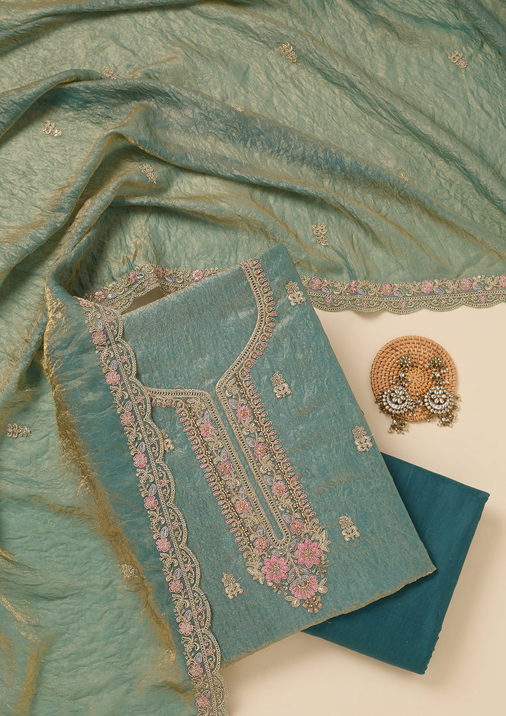 Sea Green Tissue Aariwork Unstitched Dress Material With Matching Bottom And Dupatta