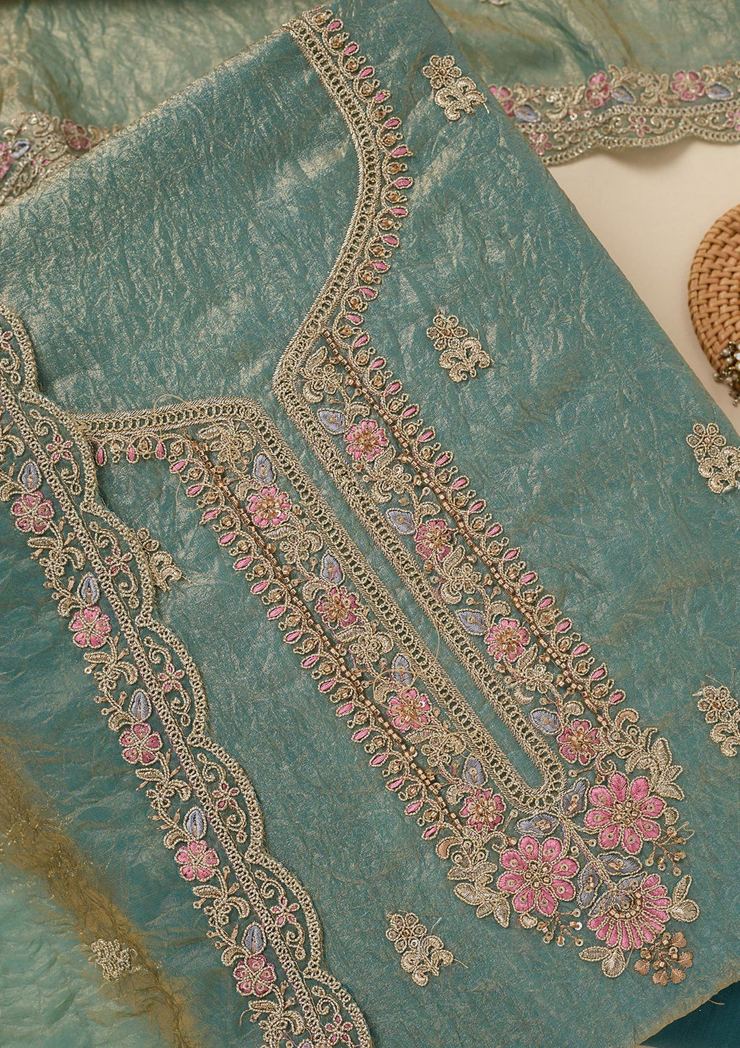 Sea Green Tissue Aariwork Unstitched Dress Material With Matching Bottom And Dupatta