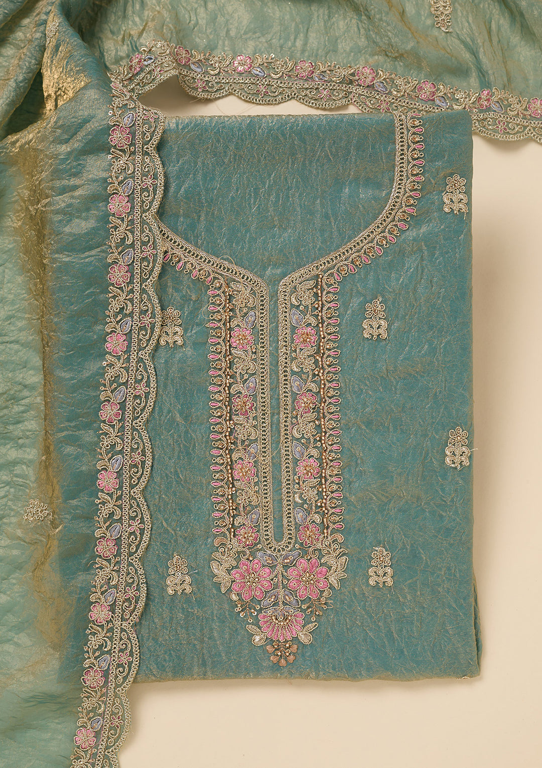 Sea Green Tissue Aariwork Unstitched Dress Material With Matching Bottom And Dupatta