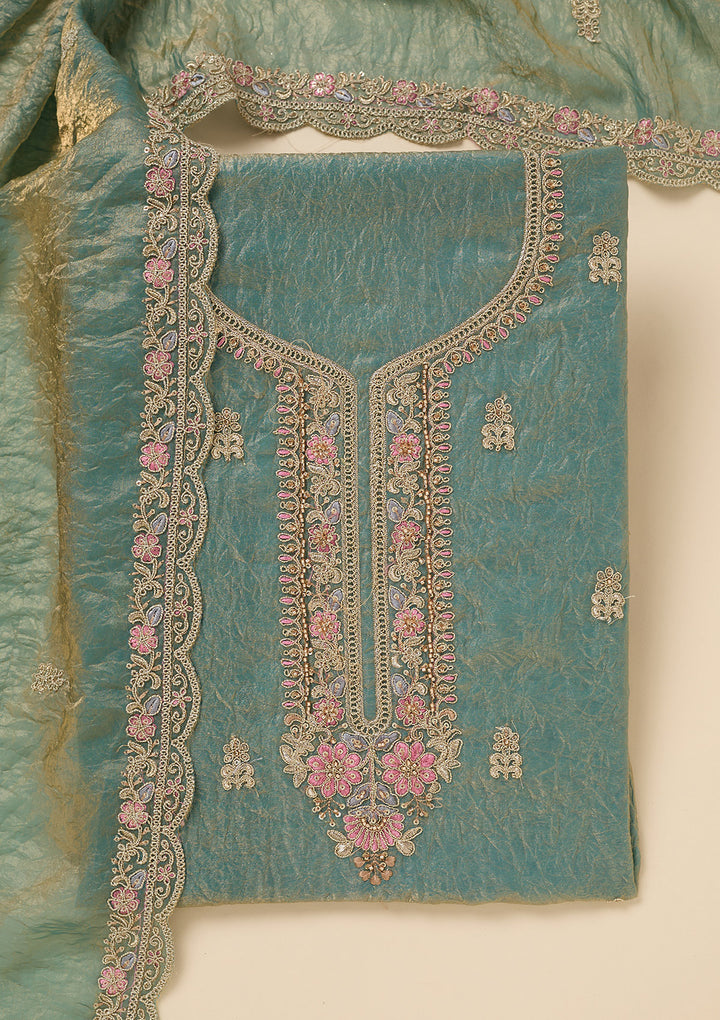 Sea Green Tissue Aariwork Unstitched Dress Material With Matching Bottom And Dupatta