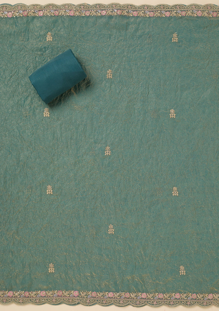 Sea Green Tissue Aariwork Unstitched Dress Material With Matching Bottom And Dupatta