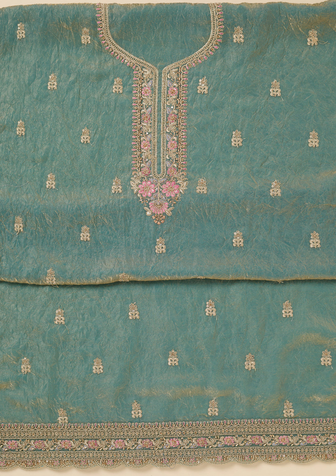 Sea Green Tissue Aariwork Unstitched Dress Material With Matching Bottom And Dupatta