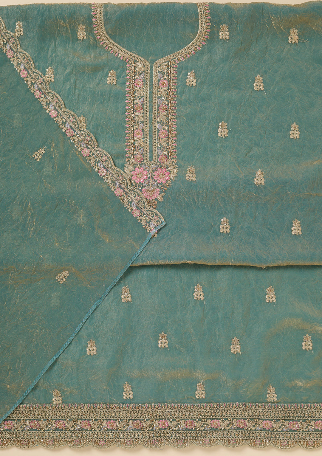 Sea Green Tissue Aariwork Unstitched Dress Material With Matching Bottom And Dupatta