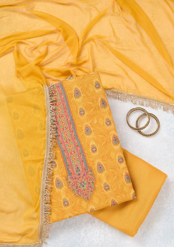 Mustard Zariwork Dola Silk Unstitched Salwar Suit