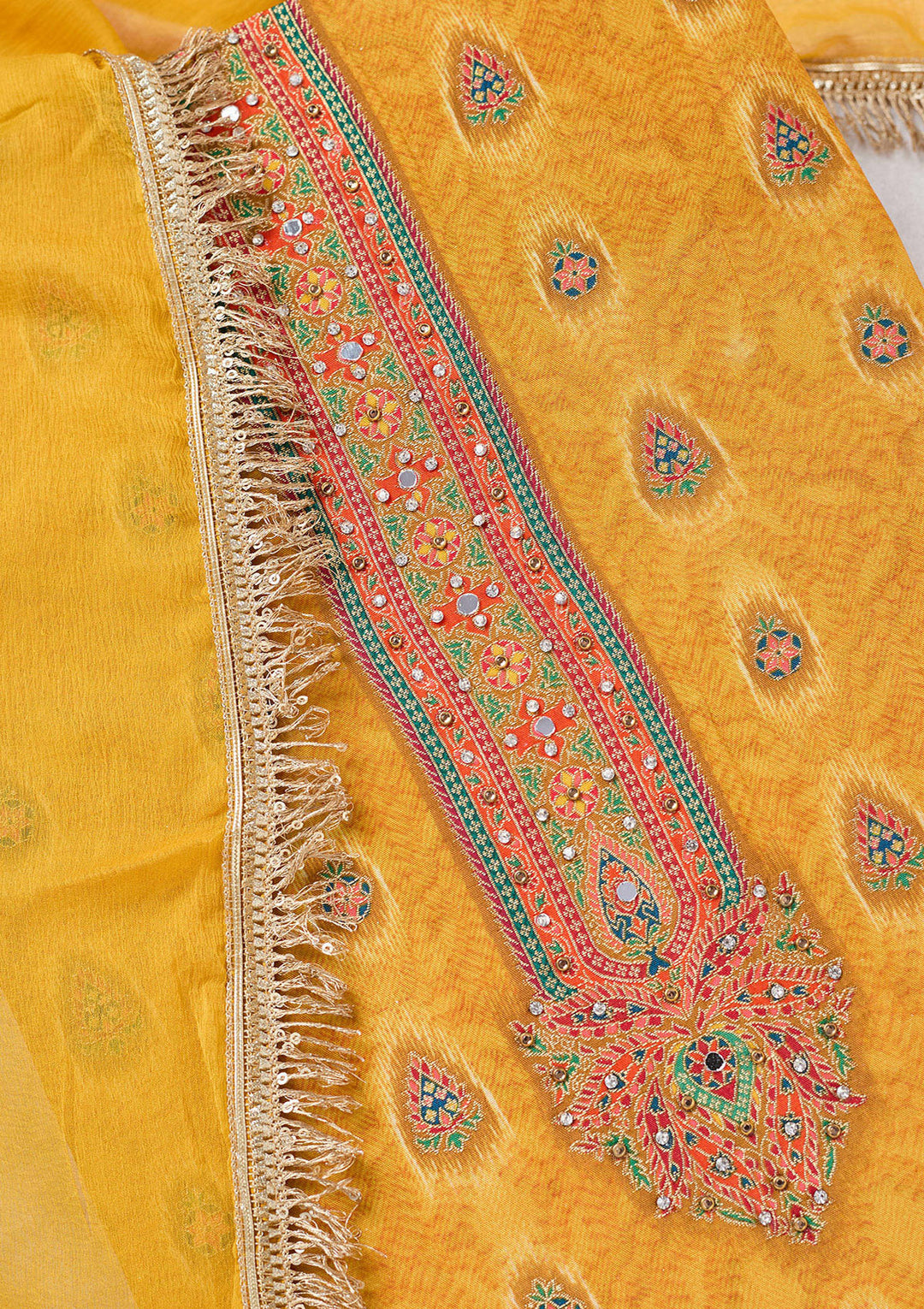 Mustard Zariwork Dola Silk Unstitched Salwar Suit