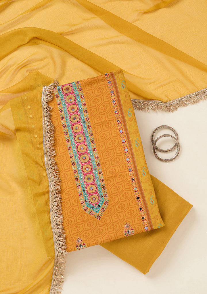 Mustard Dola Silk Threadwork Unstitched Dress Material With Matching Bottom And Dupatta