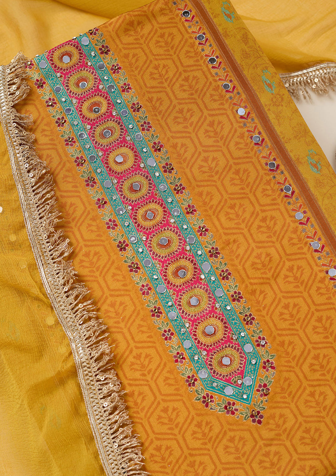 Mustard Dola Silk Threadwork Unstitched Dress Material With Matching Bottom And Dupatta