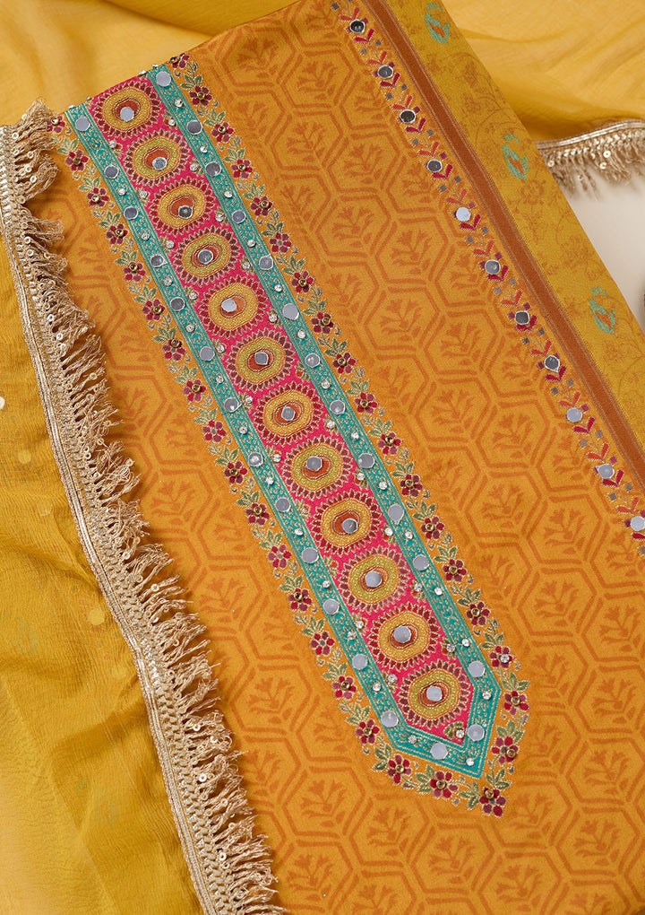 Mustard Dola Silk Threadwork Unstitched Dress Material With Matching Bottom And Dupatta