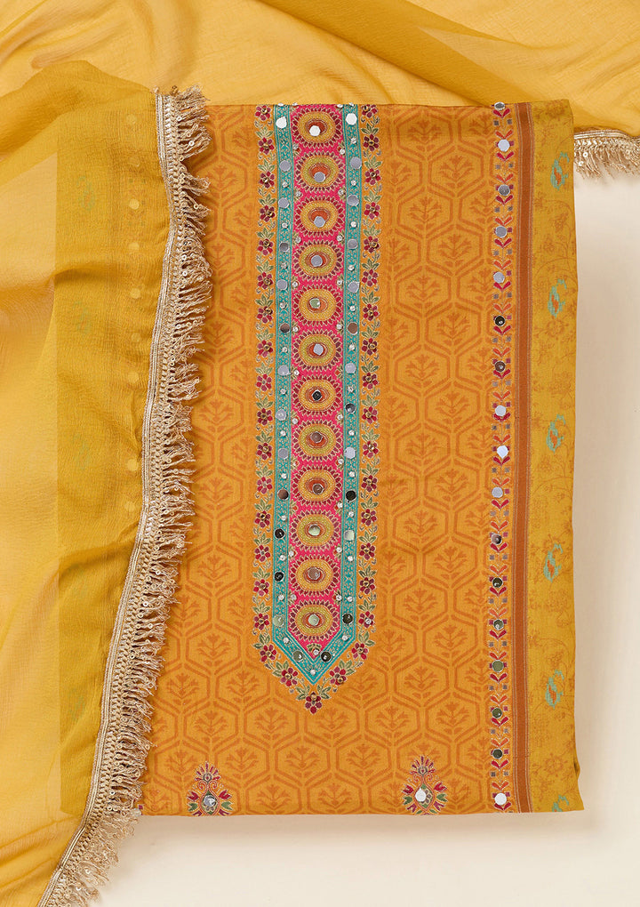 Mustard Dola Silk Threadwork Unstitched Dress Material With Matching Bottom And Dupatta