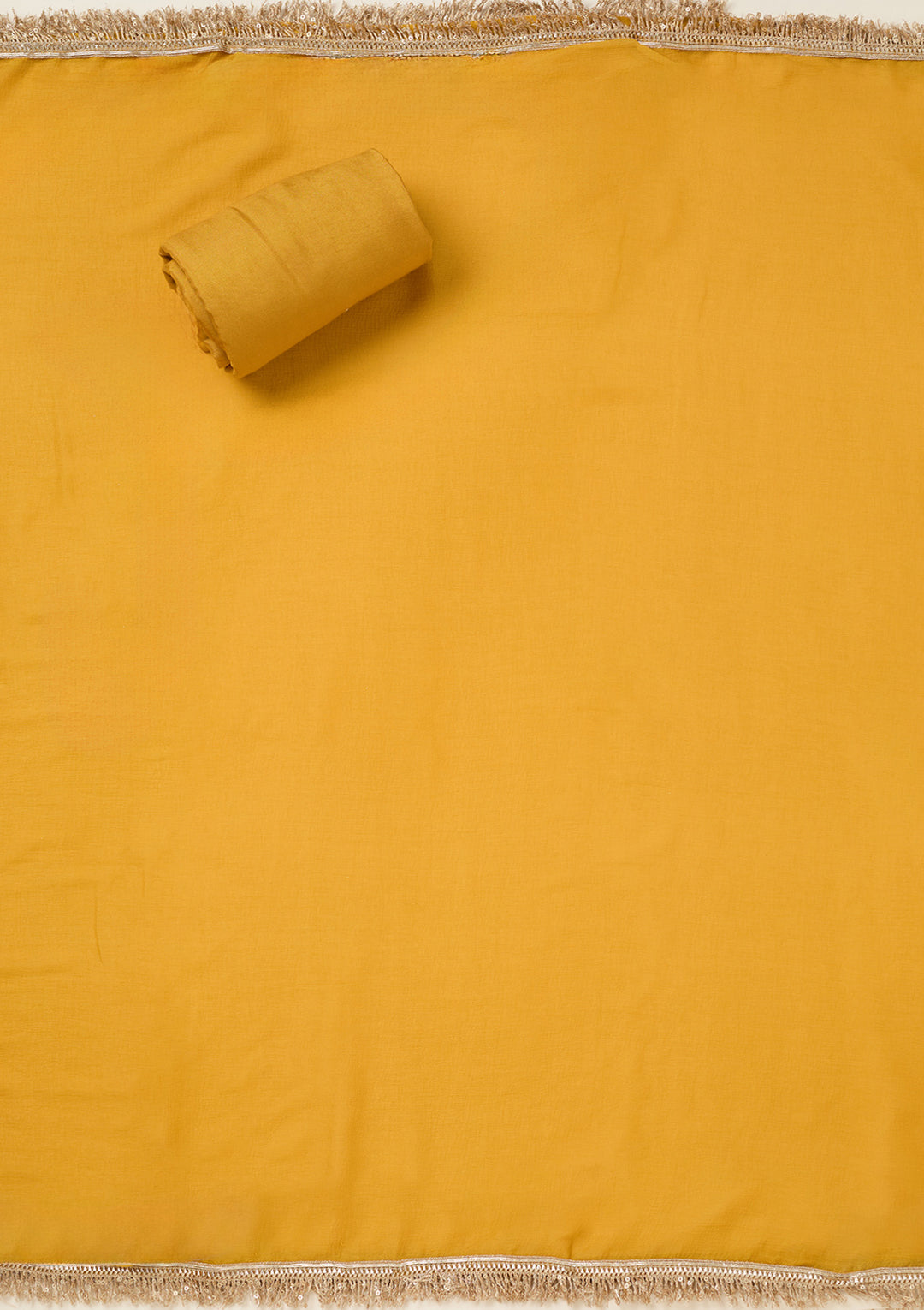 Mustard Dola Silk Threadwork Unstitched Dress Material With Matching Bottom And Dupatta