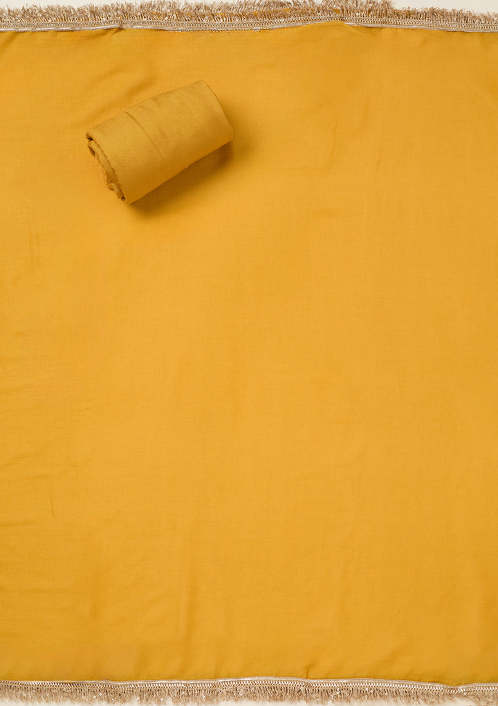 Mustard Dola Silk Threadwork Unstitched Dress Material With Matching Bottom And Dupatta