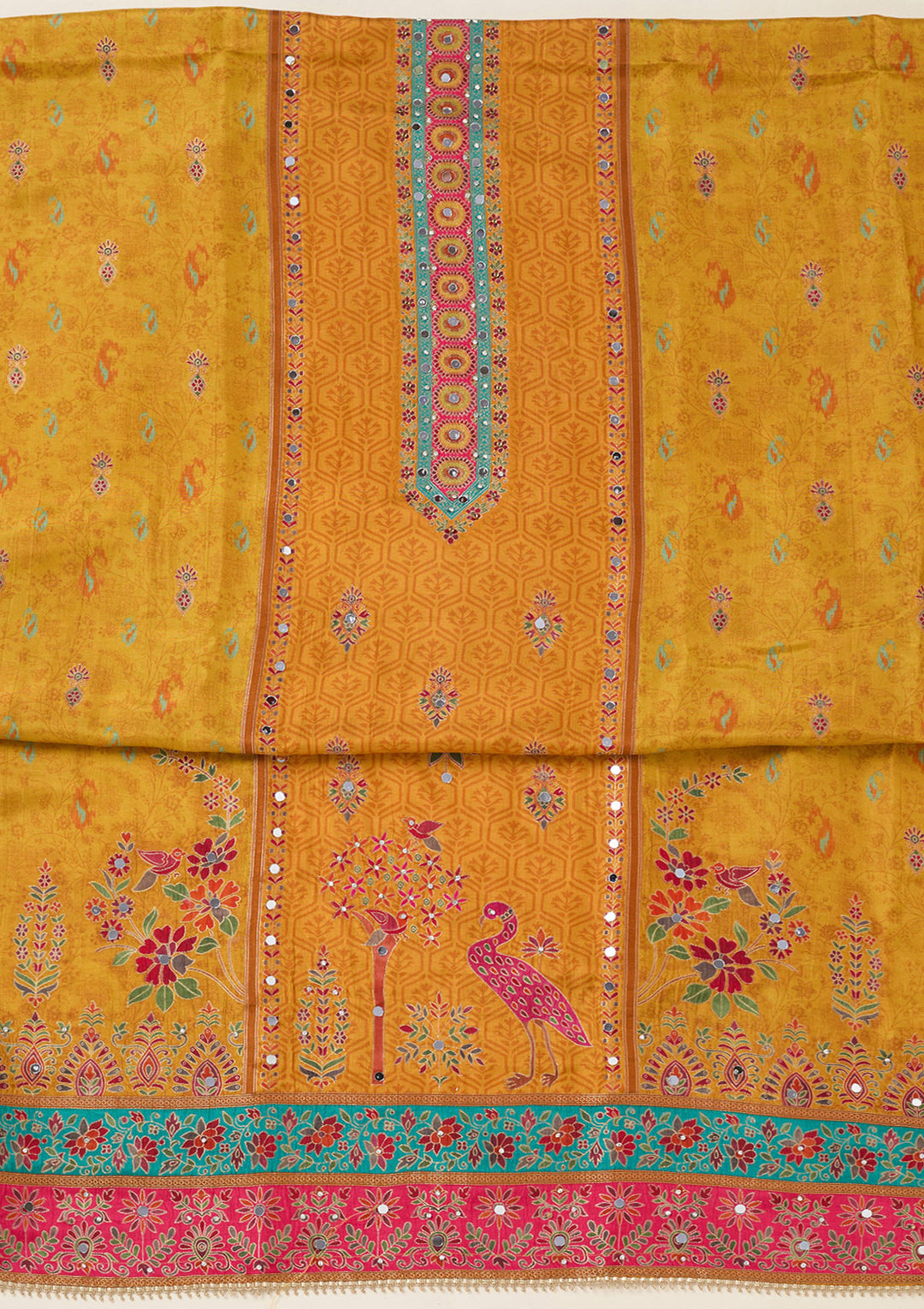 Mustard Dola Silk Threadwork Unstitched Dress Material With Matching Bottom And Dupatta