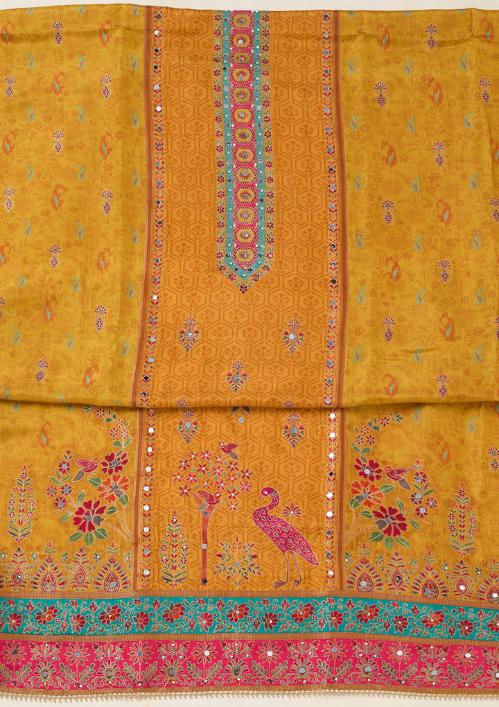 Mustard Dola Silk Threadwork Unstitched Dress Material With Matching Bottom And Dupatta