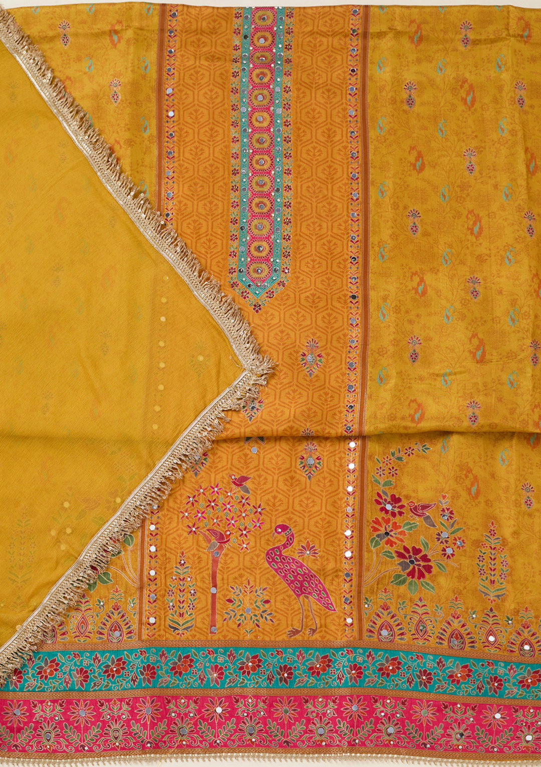 Mustard Dola Silk Threadwork Unstitched Dress Material With Matching Bottom And Dupatta