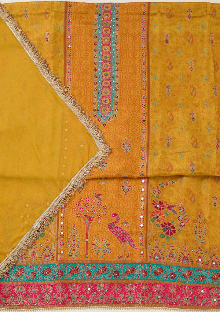 Mustard Dola Silk Threadwork Unstitched Dress Material With Matching Bottom And Dupatta