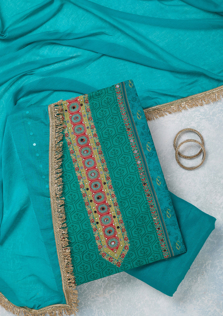 Peacock Green Dola Silk Threadwork Unstitched Dress Material With Matching Bottom And Dupatta