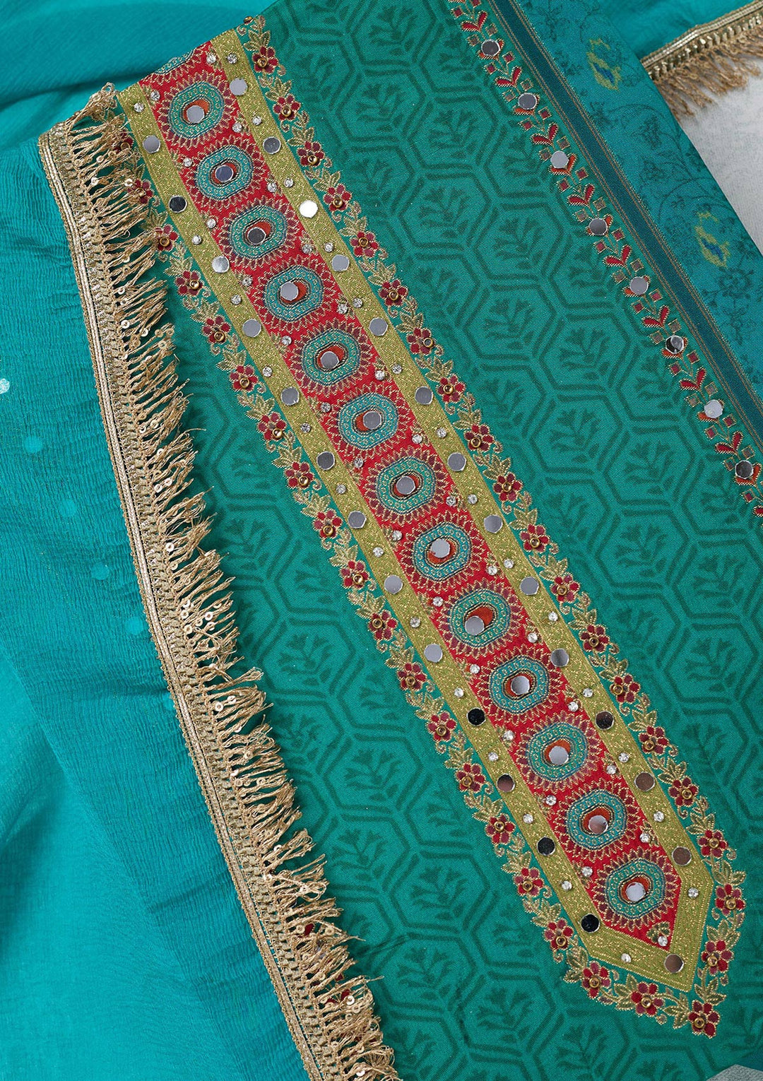 Peacock Green Dola Silk Threadwork Unstitched Dress Material With Matching Bottom And Dupatta
