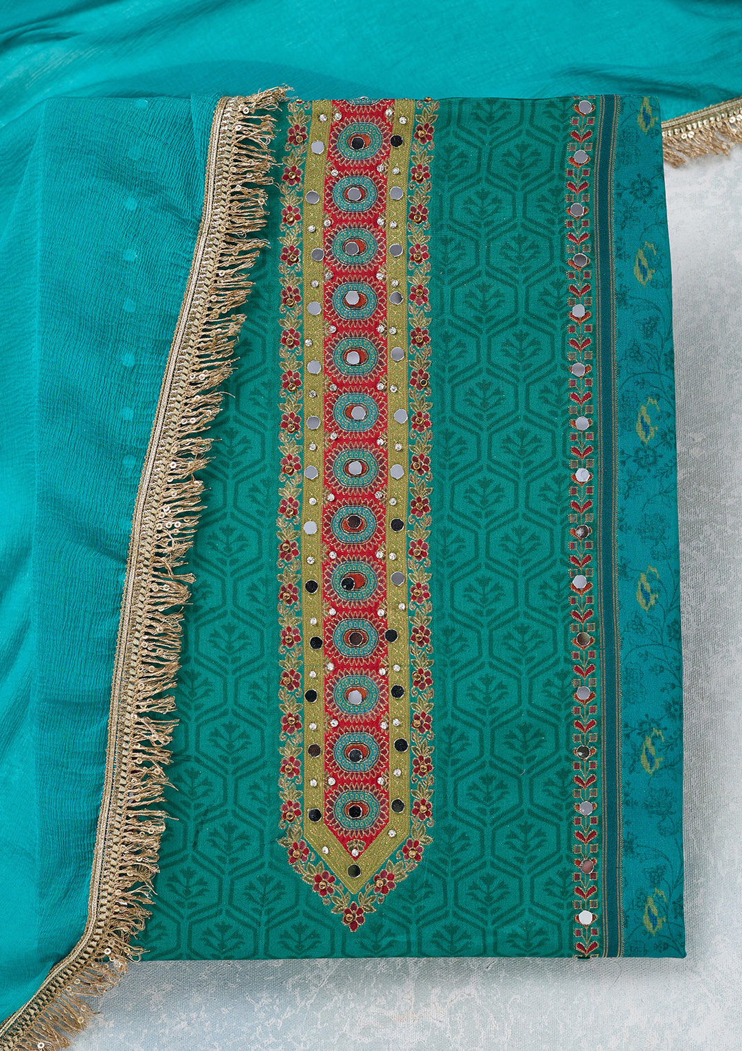 Peacock Green Dola Silk Threadwork Unstitched Dress Material With Matching Bottom And Dupatta