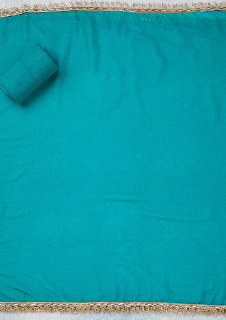 Peacock Green Dola Silk Threadwork Unstitched Dress Material With Matching Bottom And Dupatta