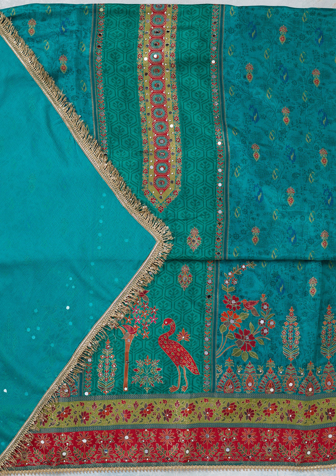 Peacock Green Dola Silk Threadwork Unstitched Dress Material With Matching Bottom And Dupatta