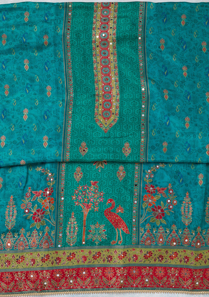 Peacock Green Dola Silk Threadwork Unstitched Dress Material With Matching Bottom And Dupatta