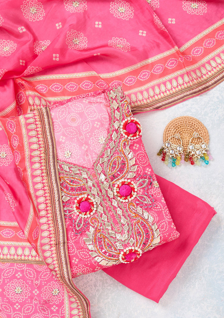 Rani Pink Multi Crepe Gold Zariwork Unstitched Dress Material With Matching Bottom And Dupatta