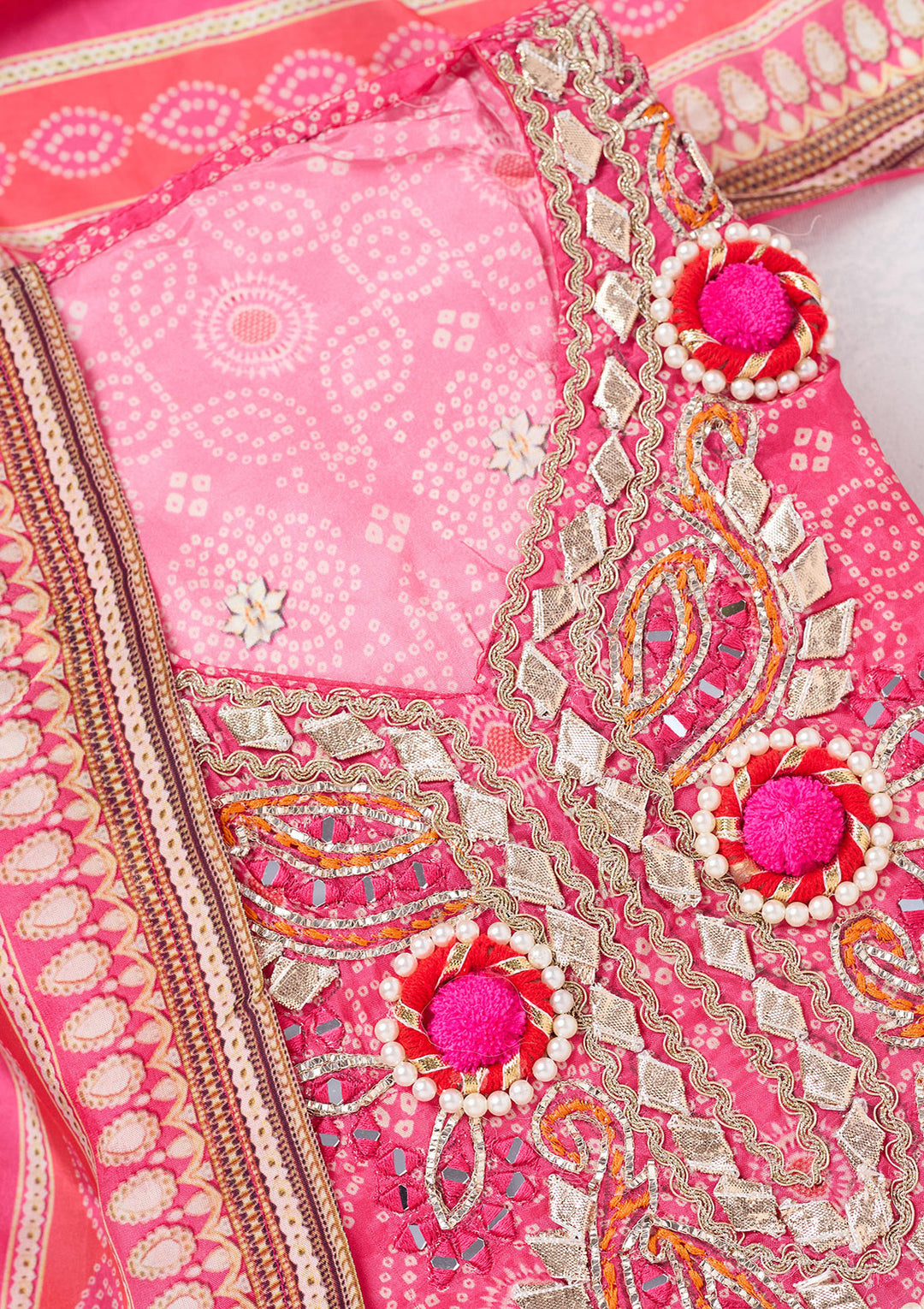 Rani Pink Multi Crepe Gold Zariwork Unstitched Dress Material With Matching Bottom And Dupatta