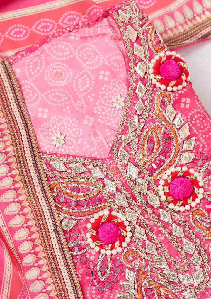 Rani Pink Multi Crepe Gold Zariwork Unstitched Dress Material With Matching Bottom And Dupatta