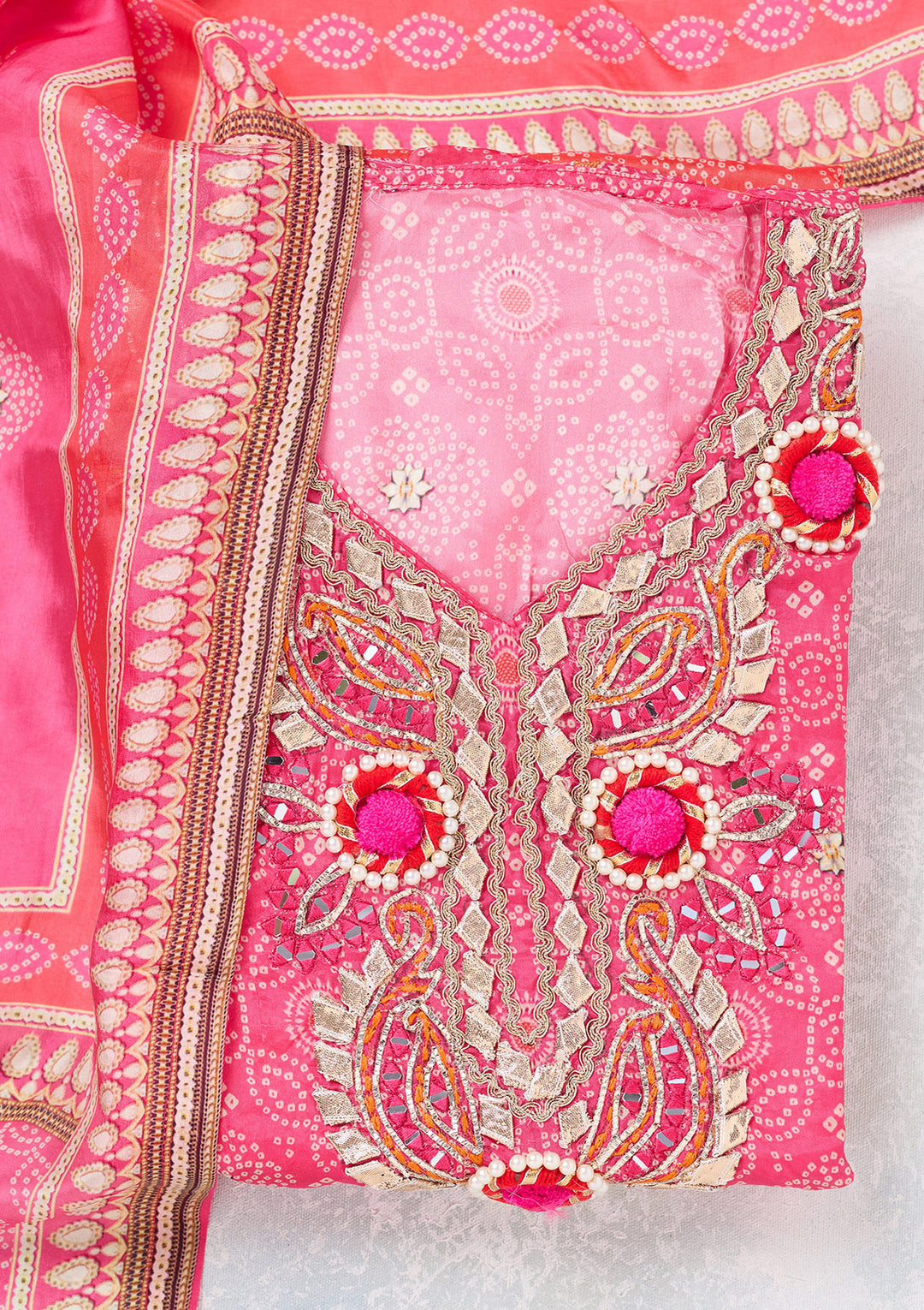Rani Pink Multi Crepe Gold Zariwork Unstitched Dress Material With Matching Bottom And Dupatta