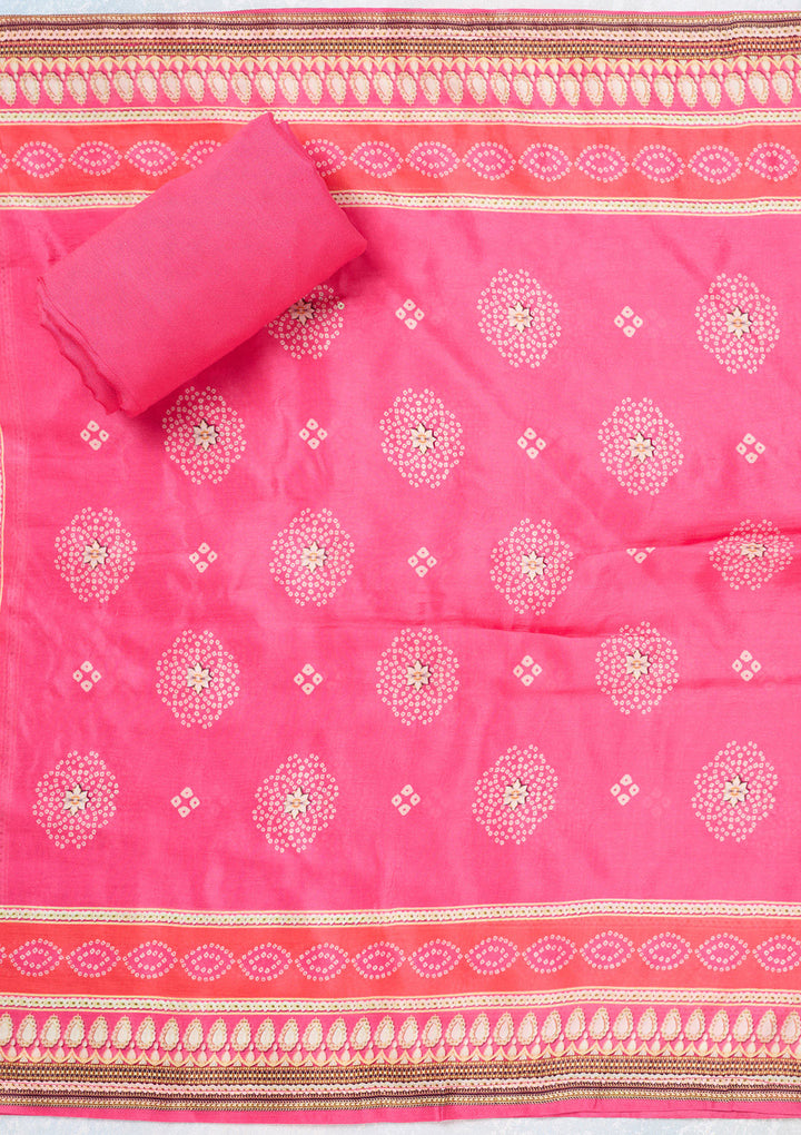 Rani Pink Multi Crepe Gold Zariwork Unstitched Dress Material With Matching Bottom And Dupatta