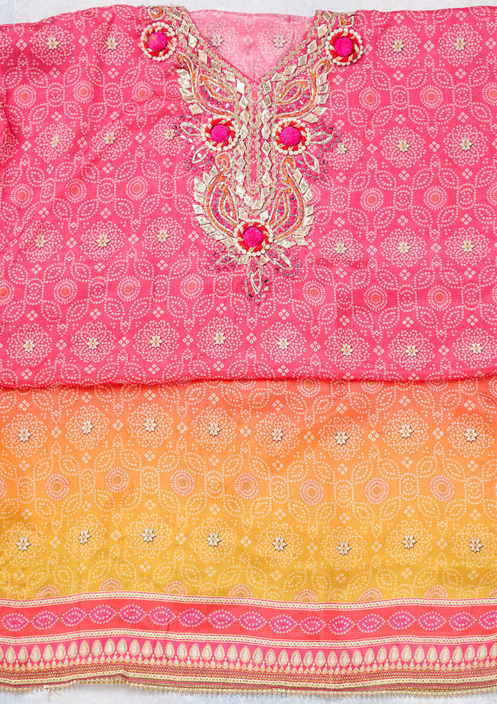 Rani Pink Multi Crepe Gold Zariwork Unstitched Dress Material With Matching Bottom And Dupatta