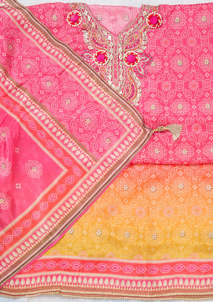 Rani Pink Multi Crepe Gold Zariwork Unstitched Dress Material With Matching Bottom And Dupatta