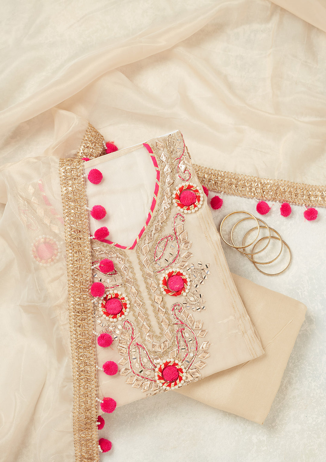 Beige Crepe Aariwork Unstitched Dress Material With Matching Bottom And Dupatta
