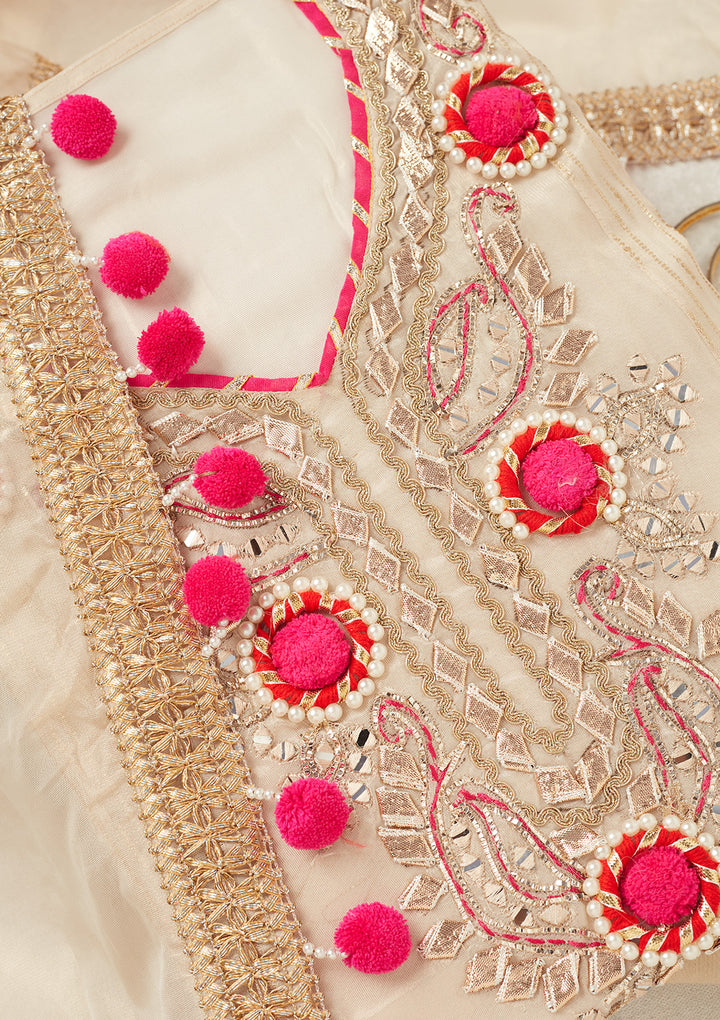 Beige Crepe Aariwork Unstitched Dress Material With Matching Bottom And Dupatta