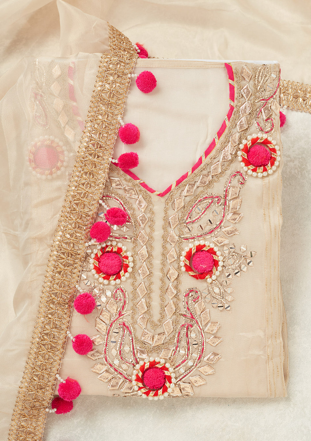 Beige Crepe Aariwork Unstitched Dress Material With Matching Bottom And Dupatta