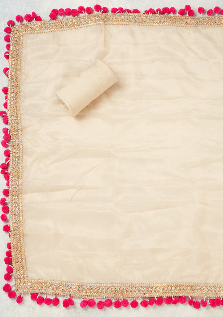 Beige Crepe Aariwork Unstitched Dress Material With Matching Bottom And Dupatta
