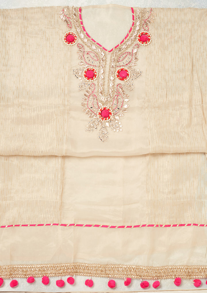 Beige Crepe Aariwork Unstitched Dress Material With Matching Bottom And Dupatta