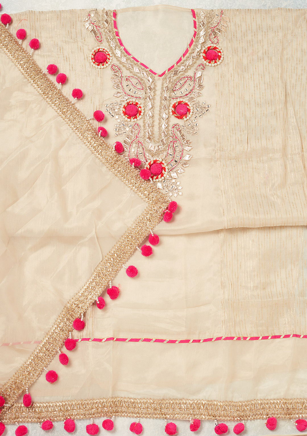 Beige Crepe Aariwork Unstitched Dress Material With Matching Bottom And Dupatta