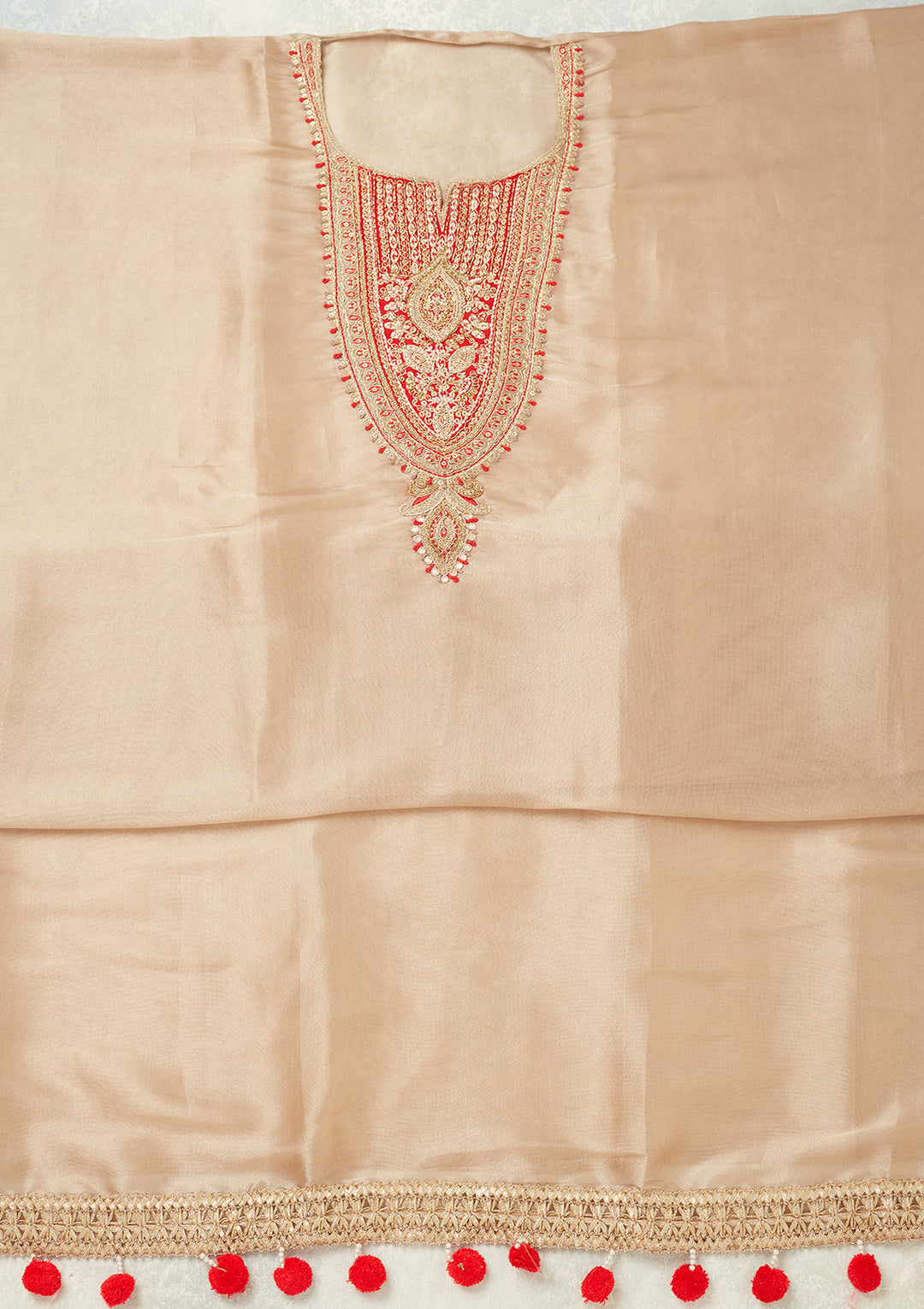 Beige Zariwork (Gold) Tissue Unstitched Salwar Suit