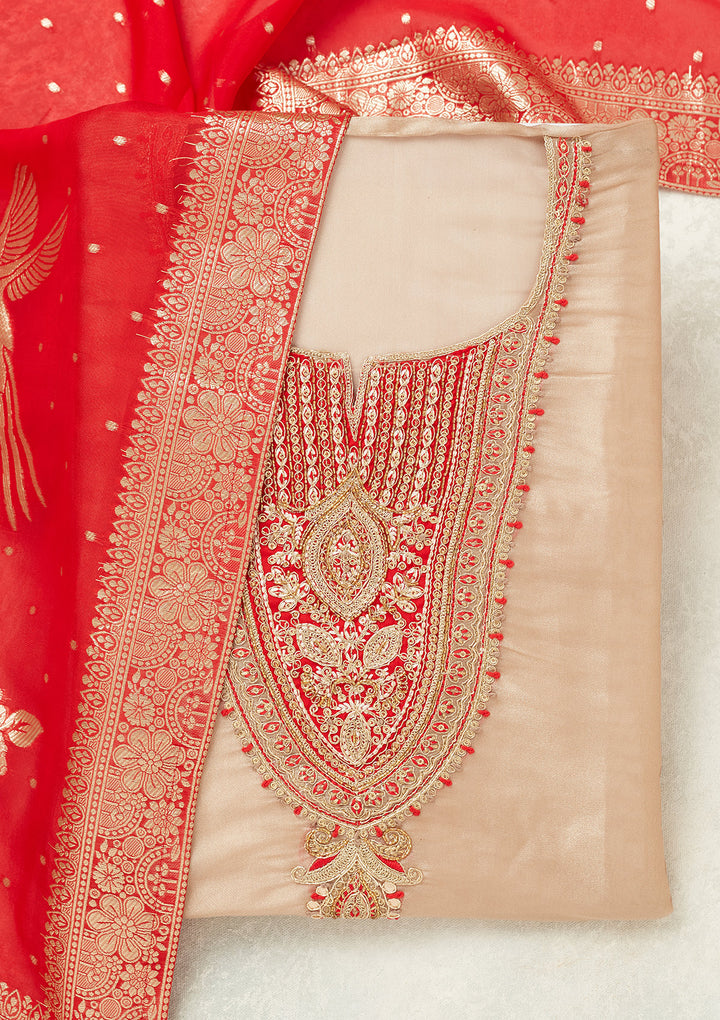 Beige Zariwork (Gold) Tissue Unstitched Salwar Suit