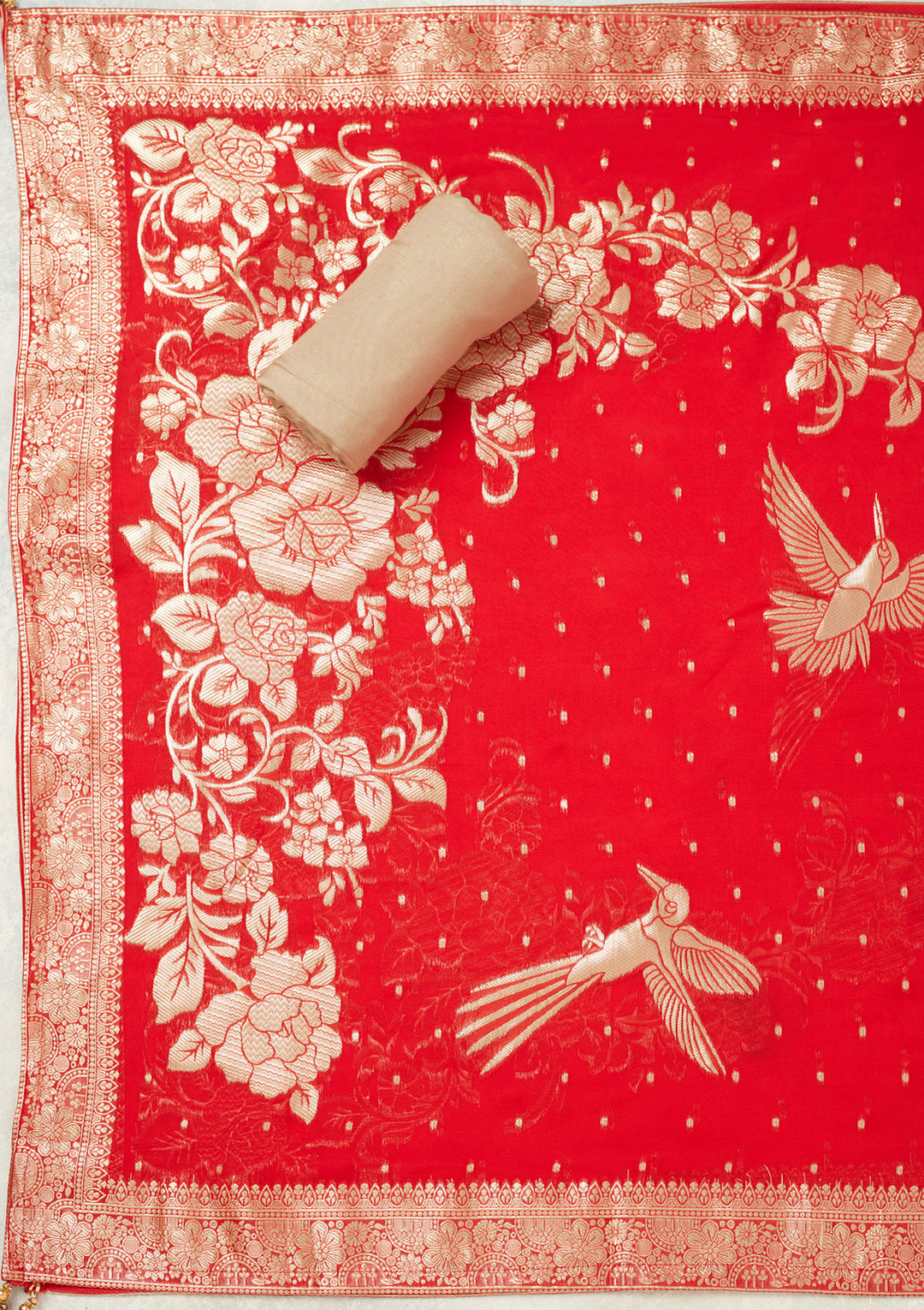 Beige Zariwork (Gold) Tissue Unstitched Salwar Suit