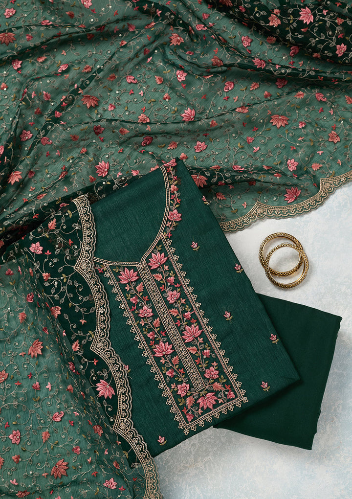 Bottle Green Threadwork Tissue Unstitched Salwar Suit