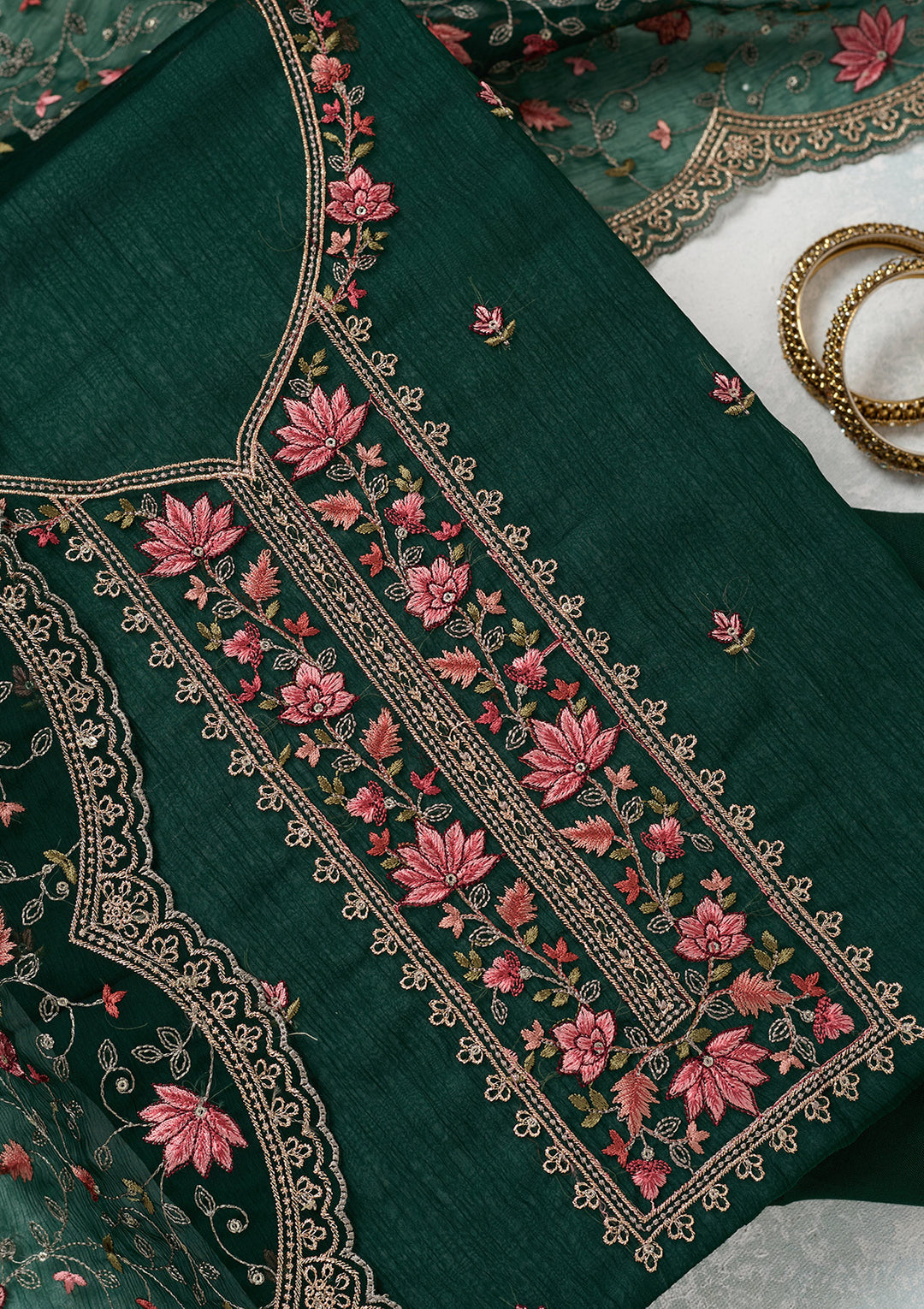 Bottle Green Threadwork Tissue Unstitched Salwar Suit