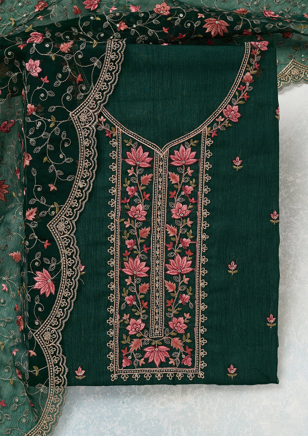 Bottle Green Threadwork Tissue Unstitched Salwar Suit