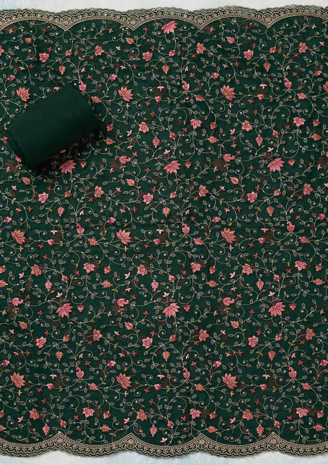 Bottle Green Threadwork Tissue Unstitched Salwar Suit