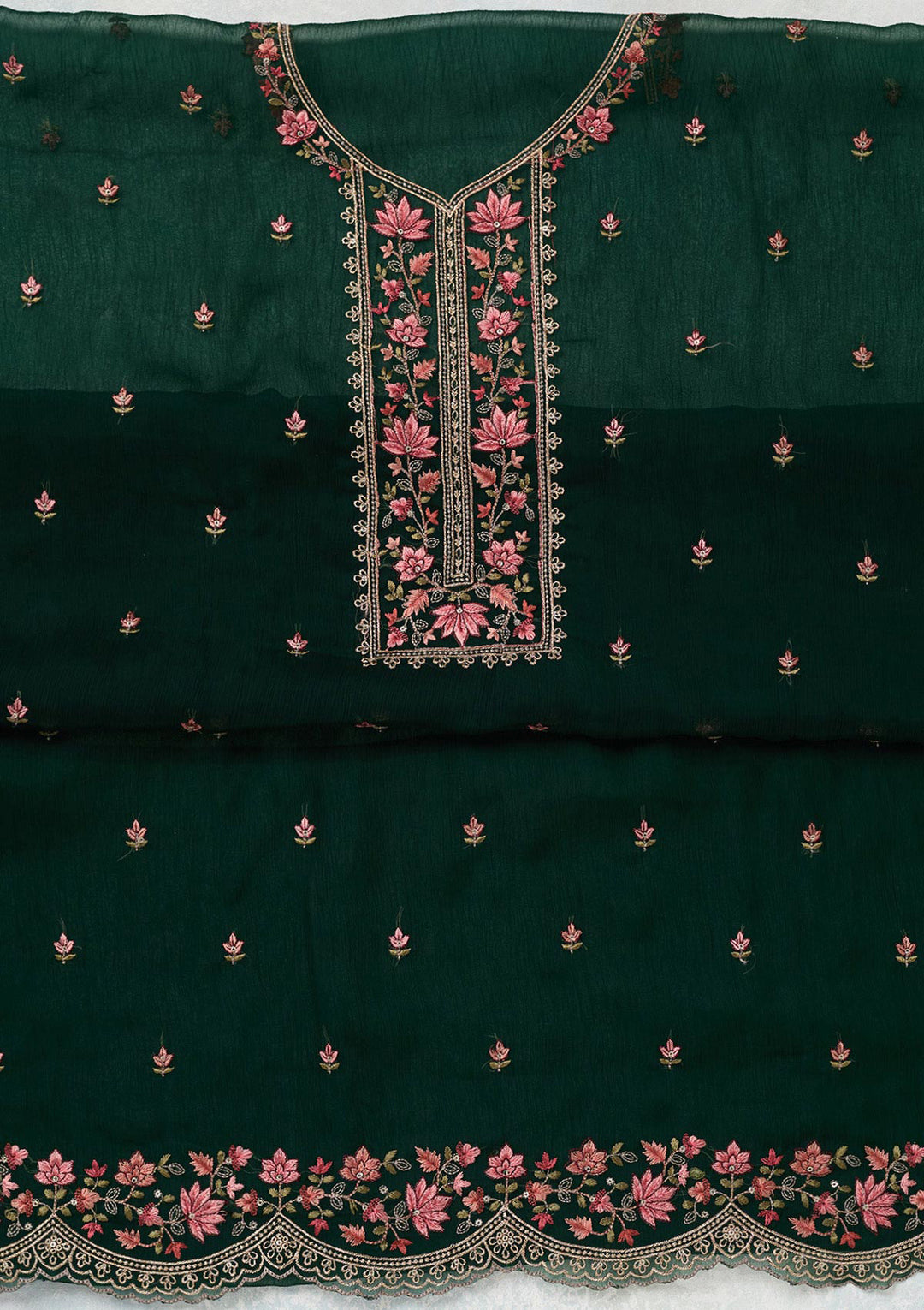 Bottle Green Threadwork Tissue Unstitched Salwar Suit