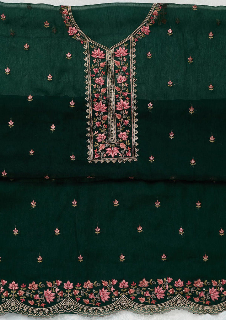 Bottle Green Threadwork Tissue Unstitched Salwar Suit