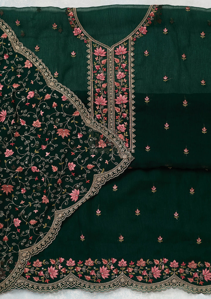 Bottle Green Threadwork Tissue Unstitched Salwar Suit