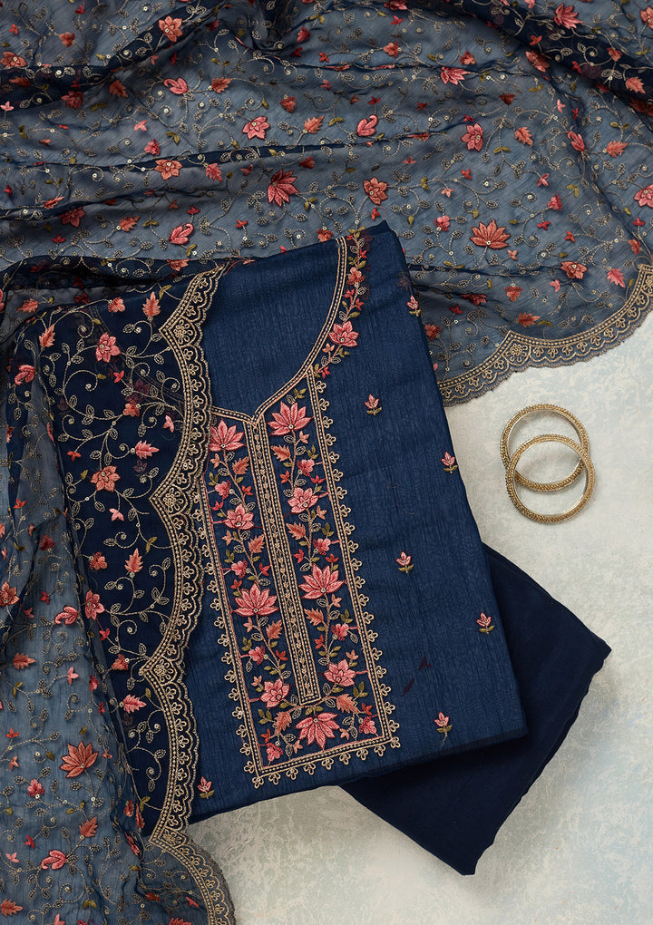 Navy Blue Tissue Threadwork Unstitched Dress Material With Matching Bottom And Dupatta